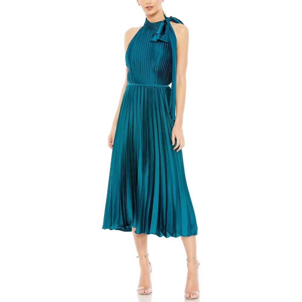 Mac Duggal Pleated High Neck Kitten Bow Midi Dress, Teal, size 20